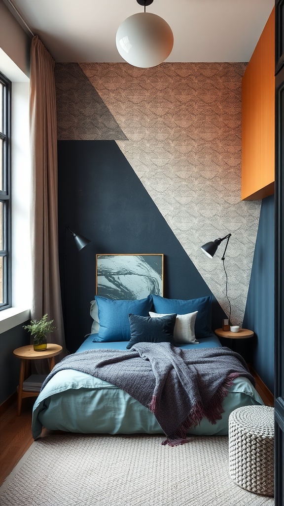 A cozy bedroom featuring a vibrant pink accent wall with a bed, side table, and decorative artwork.