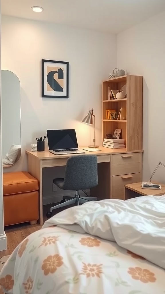 A small, cozy desk area with a lamp, flowers, and decorative items in a bright room.