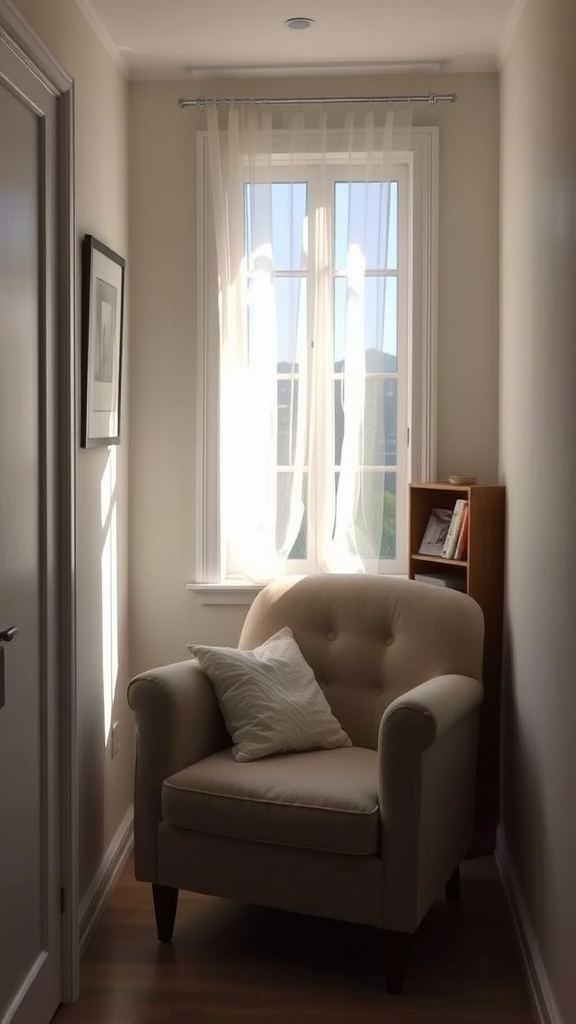 Cozy reading nook with a pink chair and bookshelf in a small bedroom