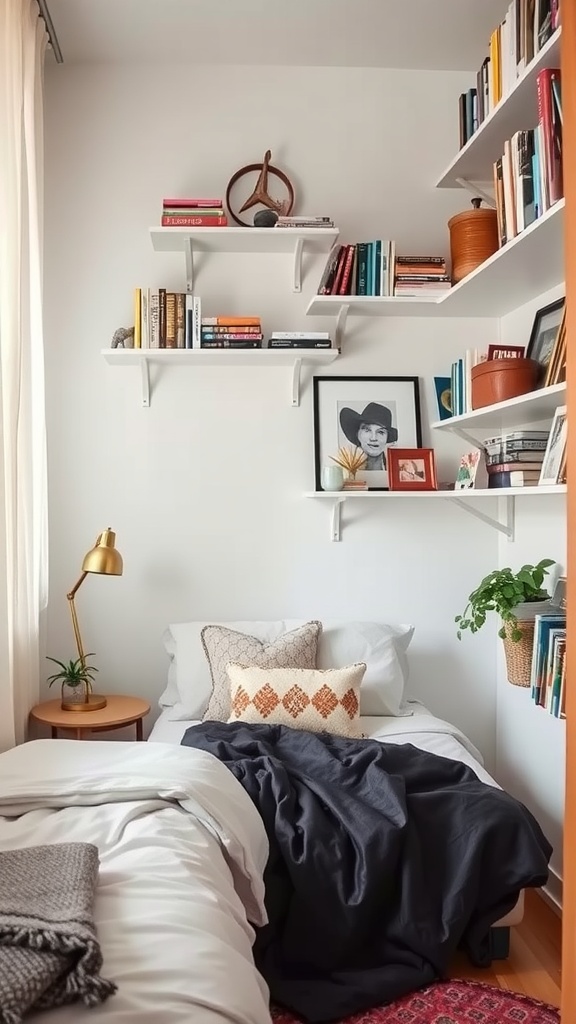 A white bookshelf filled with books and decorative items in a small bedroom.