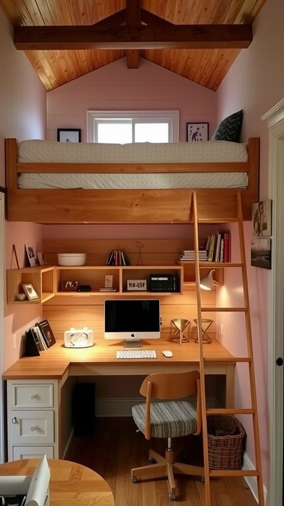 A small bedroom with a loft bed, workspace underneath, and pink decor