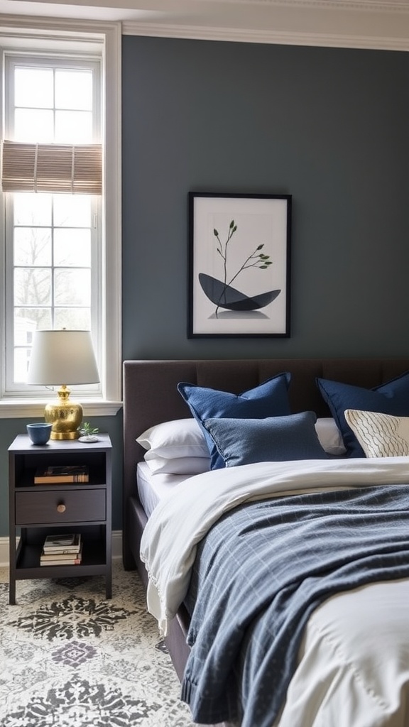 A cozy bedroom with a pink headboard, soft bedding, and a functional nightstand featuring a lamp and plant.