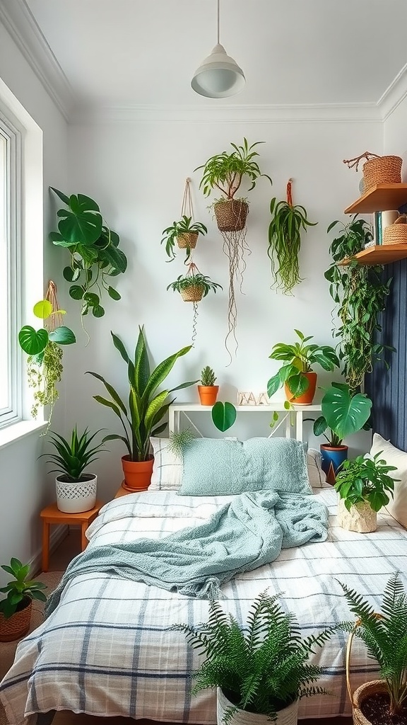 Cozy bedroom with pink walls and various plants around the bed.
