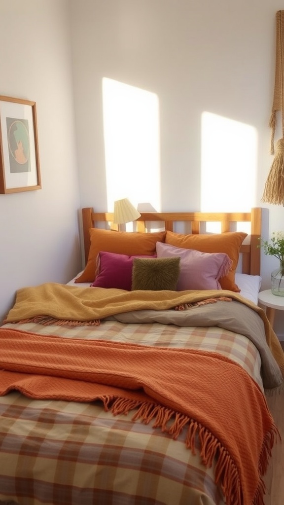 A cozy layered bedding setup with warm colors and textures.