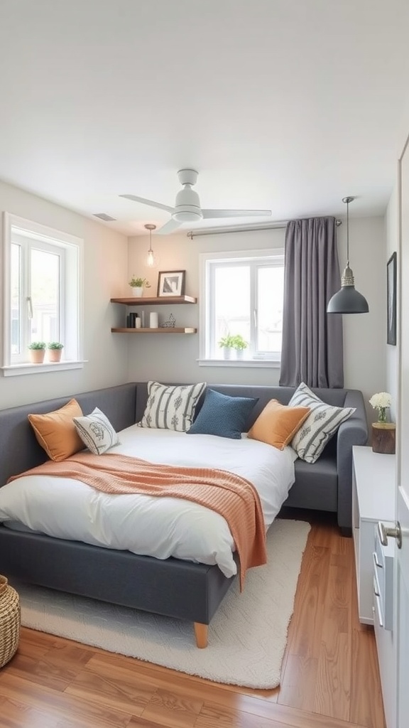 A cozy bedroom featuring multifunctional furniture and warm decor elements.