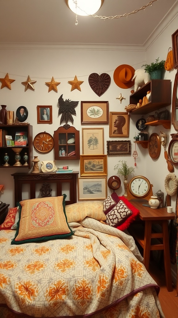 A cozy small bedroom with personal decor and photographs on the walls.