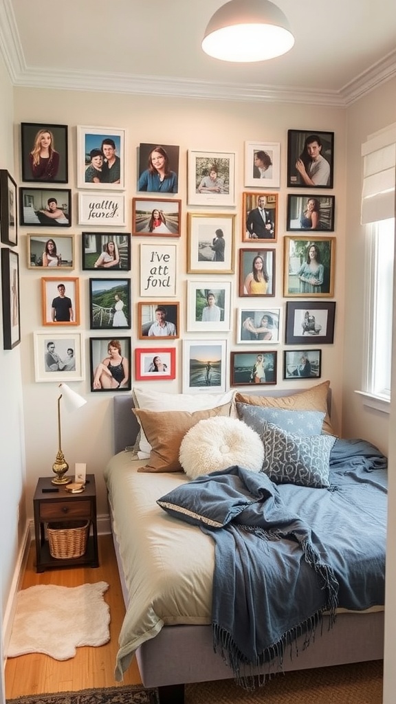 A cozy bedroom featuring a personalized gallery wall with various framed photos and art.