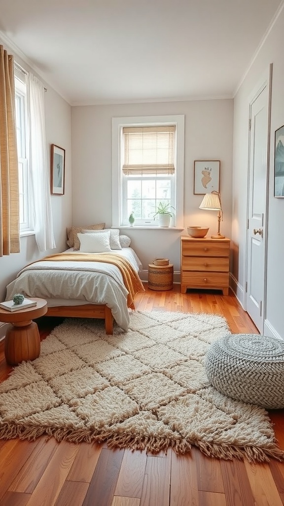 A cozy bedroom featuring a soft area rug, pink curtains, and warm wooden furniture.