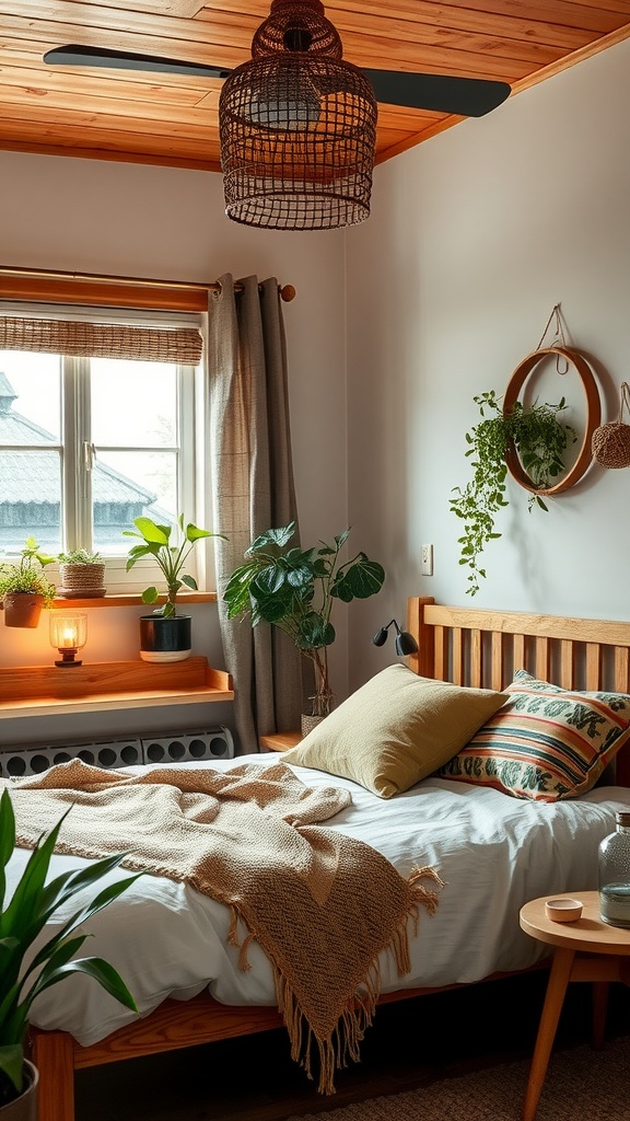 A cozy small bedroom decorated with natural materials and plants.