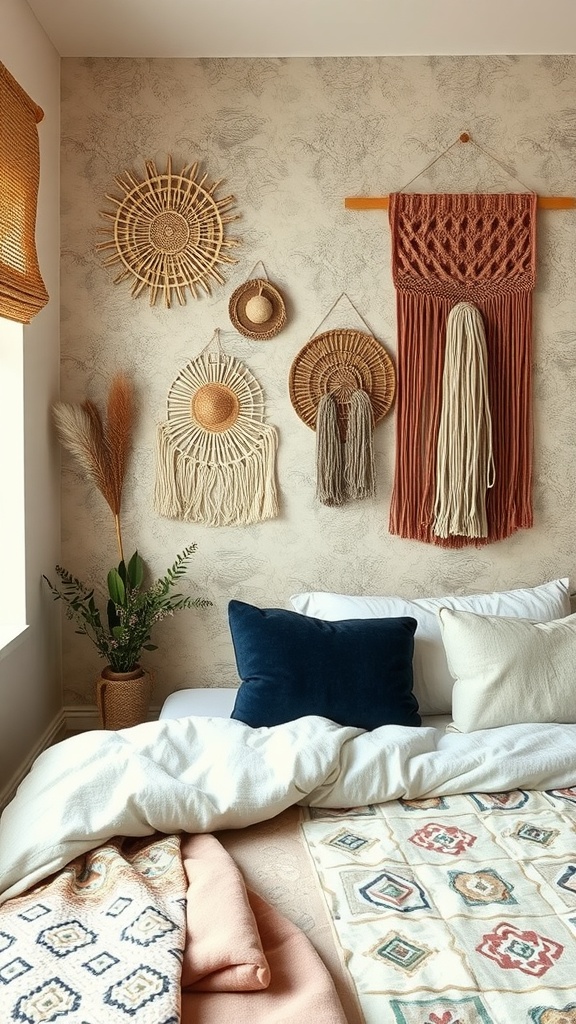 Wall decorated with macramé and woven items above a bed in a cozy small bedroom.