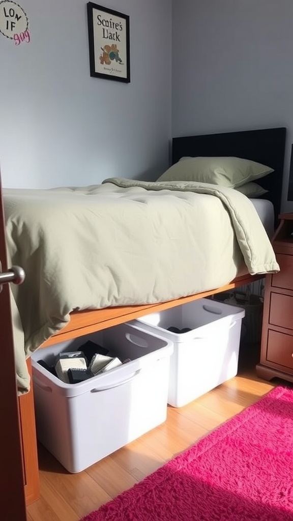 A cozy bedroom showing a bed with pink bedding and under-bed storage boxes.