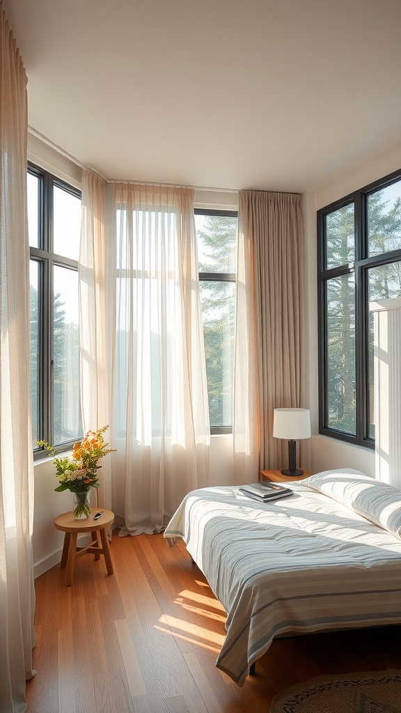 A bright and cozy bedroom with large windows and light curtains.