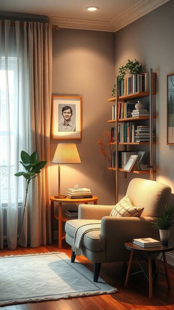A cozy reading nook in a small living room, featuring a comfortable chair, a side table, and a bookshelf.