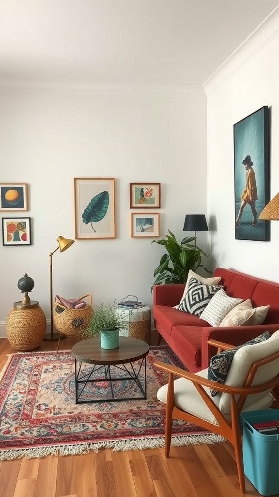 A small living room featuring a red sofa, wooden coffee table, and various framed artworks on the walls.