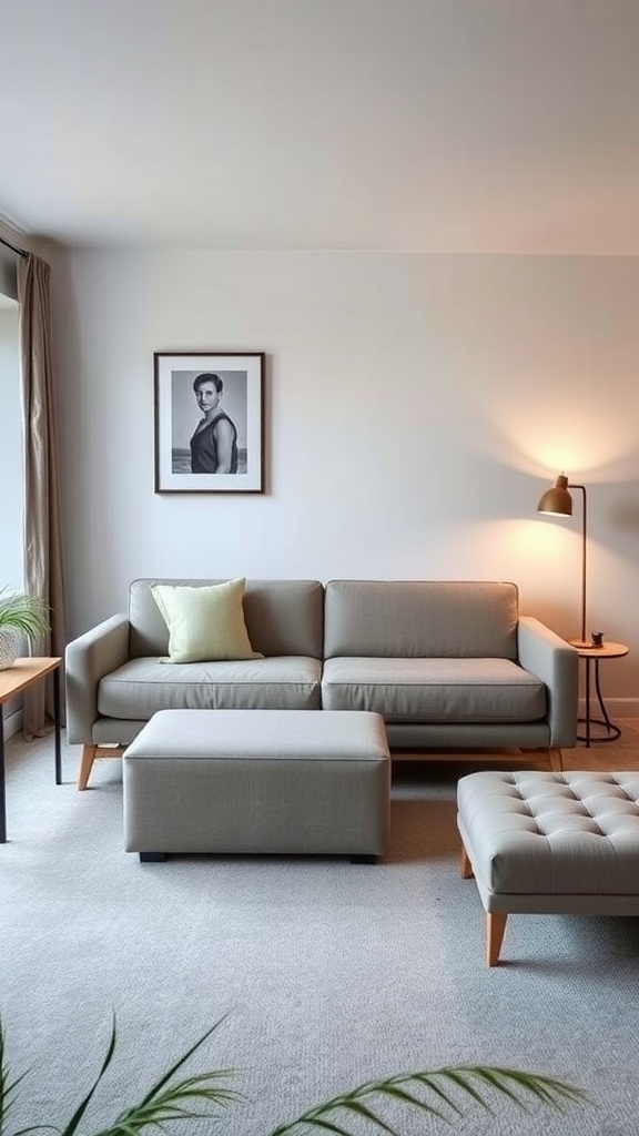 A small living room featuring a grey sofa, ottoman, and warm lighting.