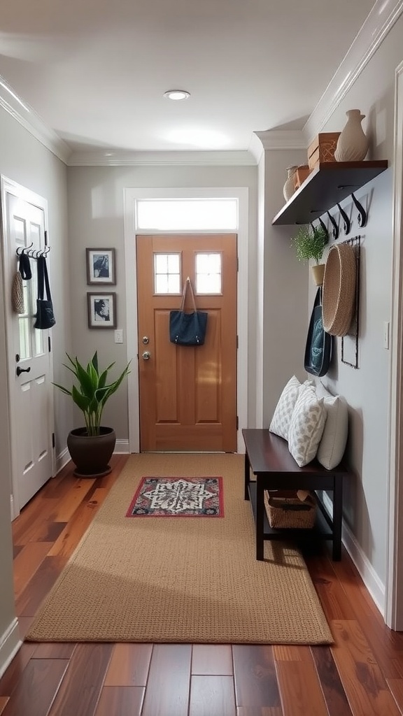 A cozy entryway with a bench, hooks, and plants