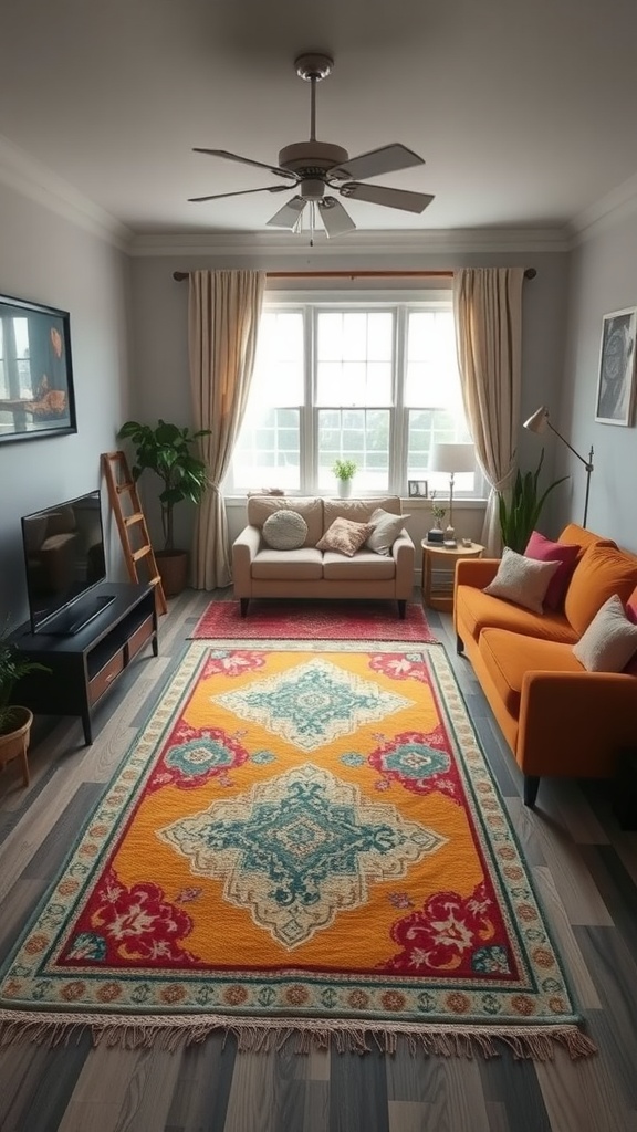 A small living room featuring a colorful area rug, bright couch, and a cozy layout.