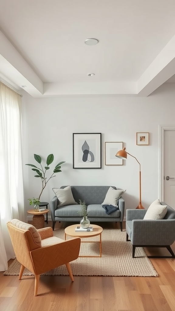 A cozy minimalist living room with modern furniture and plants.