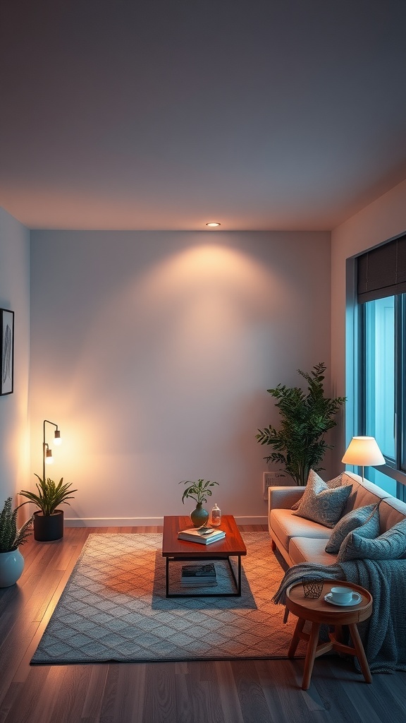 A cozy small living room with smart lighting, showcasing a relaxing atmosphere.