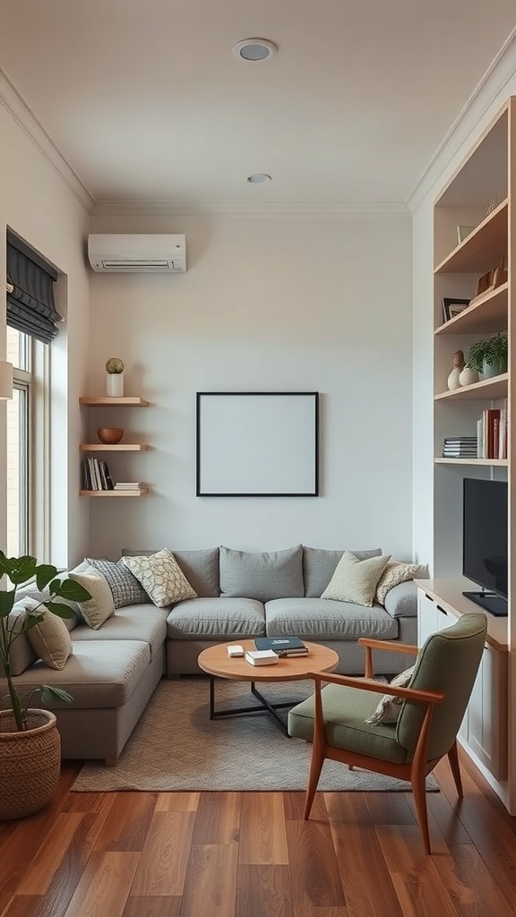 Small living room featuring built-in furniture and a cozy layout.