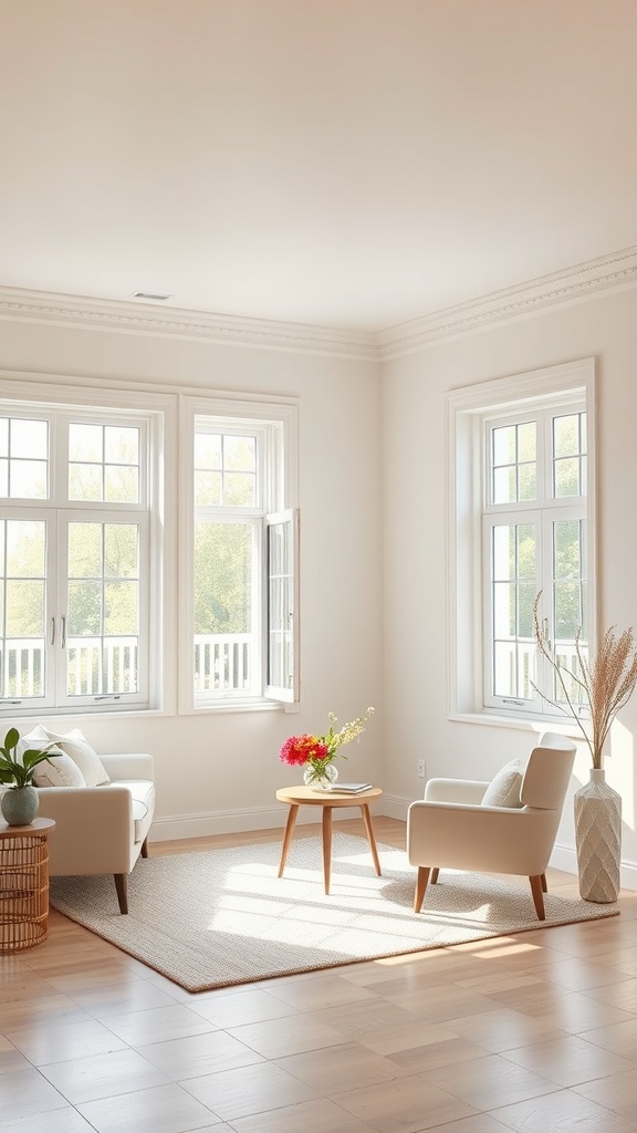 Cozy small living room with light colors and natural light.