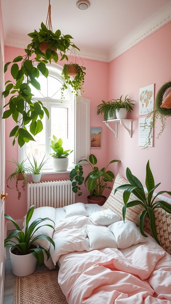 A small living room filled with various indoor plants and a cozy atmosphere.