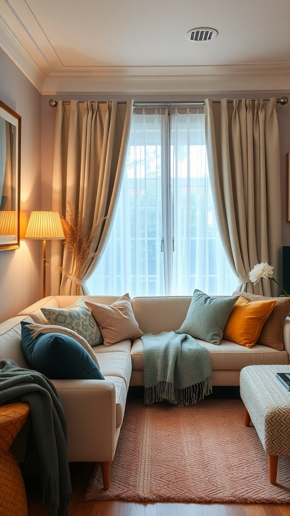 Cozy small living room with layered textiles including cushions, throw blankets, and a patterned rug.