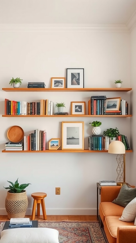 Stylish small living room with wooden shelving displaying books and plants