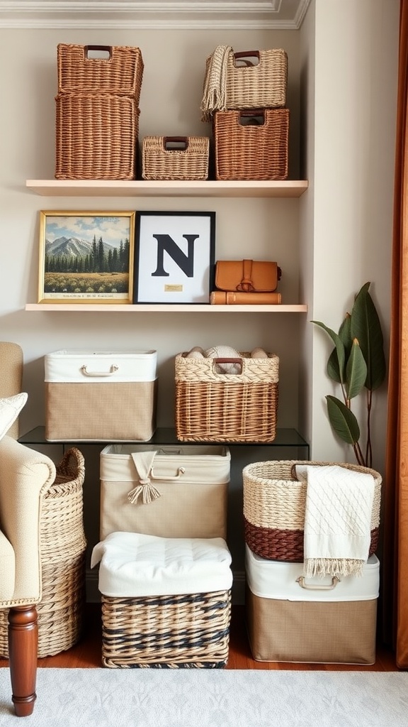 Stylish storage options in a small living room featuring various baskets and boxes.