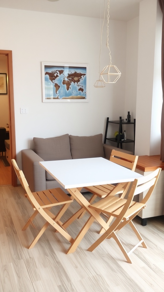 A small living room with a folding table and chairs, showcasing a cozy and flexible space.