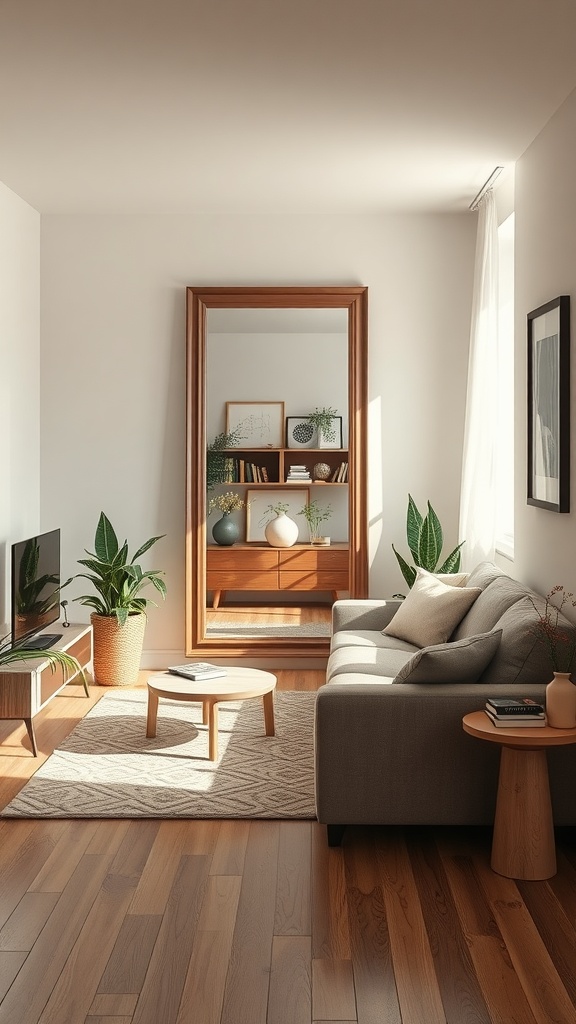 A cozy small living room with a large mirror, plants, and natural light.